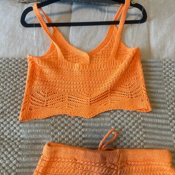 Orange Crochet Button-Up Crop Top and Shorts Set - Picture 4 of 5